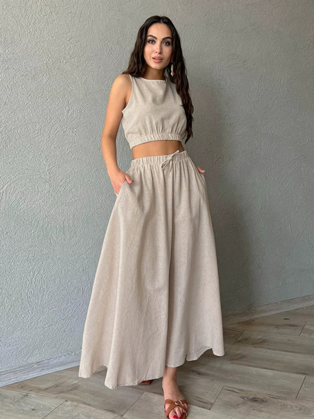 Forever 21 Ramie Vest and Cotton Linen Maxi Dress 2 Piece Set Casual Khaki